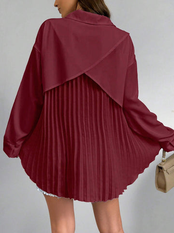 Essnce Women's Pleated Patchwork Back Wrap Casual Shirt, Autumn