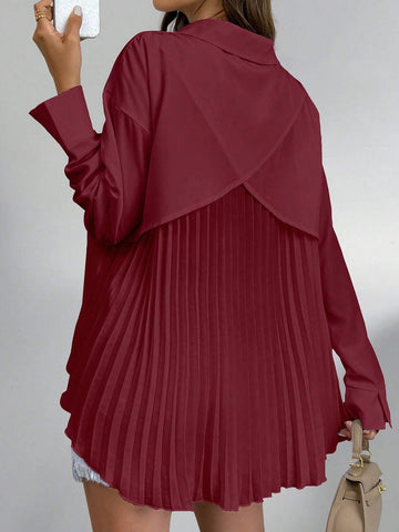 Essnce Women's Pleated Patchwork Back Wrap Casual Shirt, Autumn