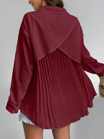 Essnce Women's Pleated Patchwork Back Wrap Casual Shirt, Autumn