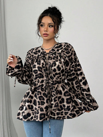 Essnce Women's Popular Leopard Print Shirt, Casual Loose Pleated V-Neck Long-Sleeved Shirt Animal Print Top Autumn Shirt