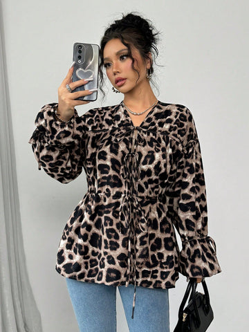 Essnce Women's Popular Leopard Print Shirt, Casual Loose Pleated V-Neck Long-Sleeved Shirt Animal Print Top Autumn Shirt