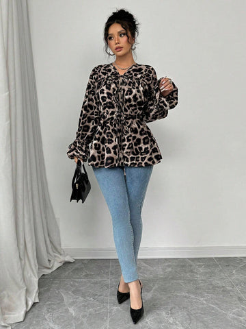 Essnce Women's Popular Leopard Print Shirt, Casual Loose Pleated V-Neck Long-Sleeved Shirt Animal Print Top Autumn Shirt