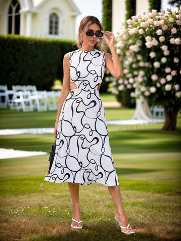 Women's Printed Sleeveless Hollow Out Waist Summer Holiday Dress