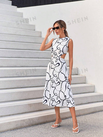 Women's Printed Sleeveless Hollow Out Waist Summer Holiday Dress