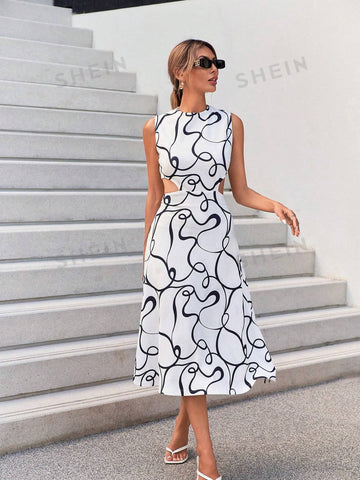 Women's Printed Sleeveless Hollow Out Waist Summer Holiday Dress