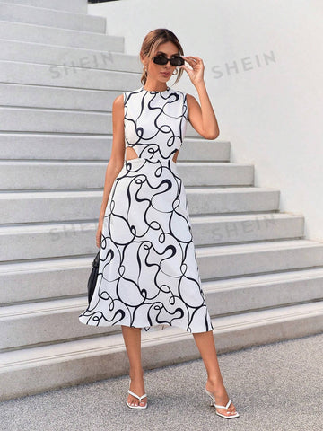 Women's Printed Sleeveless Hollow Out Waist Summer Holiday Dress