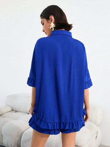 Women's Ribbed Top And Shorts Set With Single Breasted Buckle