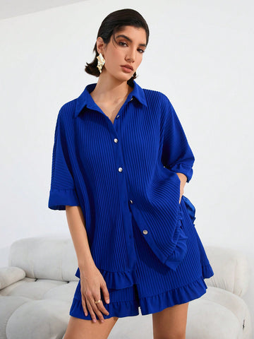 Women's Ribbed Top And Shorts Set With Single Breasted Buckle