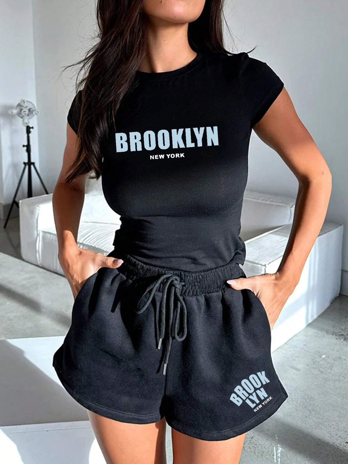 Women's Round Neck Letter Print Casual T-Shirt And Sports Shorts 2pcs Set