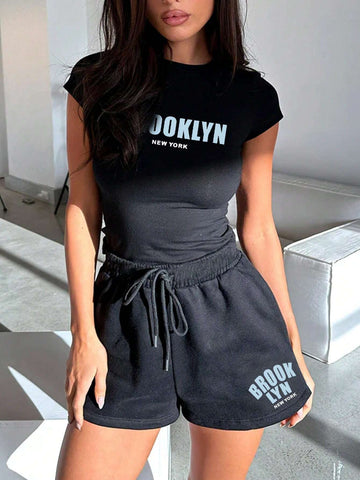 Women's Round Neck Letter Print Casual T-Shirt And Sports Shorts 2pcs Set