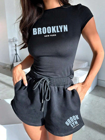Women's Round Neck Letter Print Casual T-Shirt And Sports Shorts 2pcs Set
