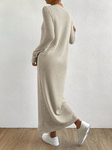 Women's Round Neck Long Sleeve Ribbed Dress