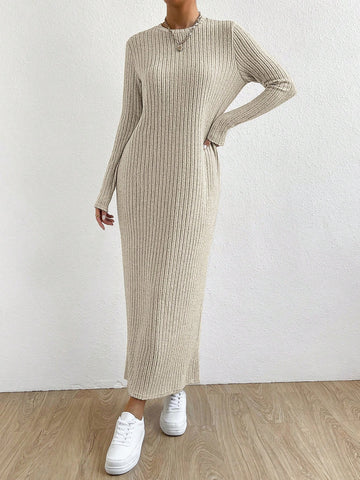 Women's Round Neck Long Sleeve Ribbed Dress