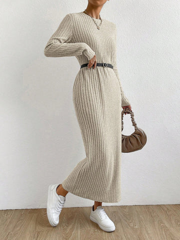 Women's Round Neck Long Sleeve Ribbed Dress