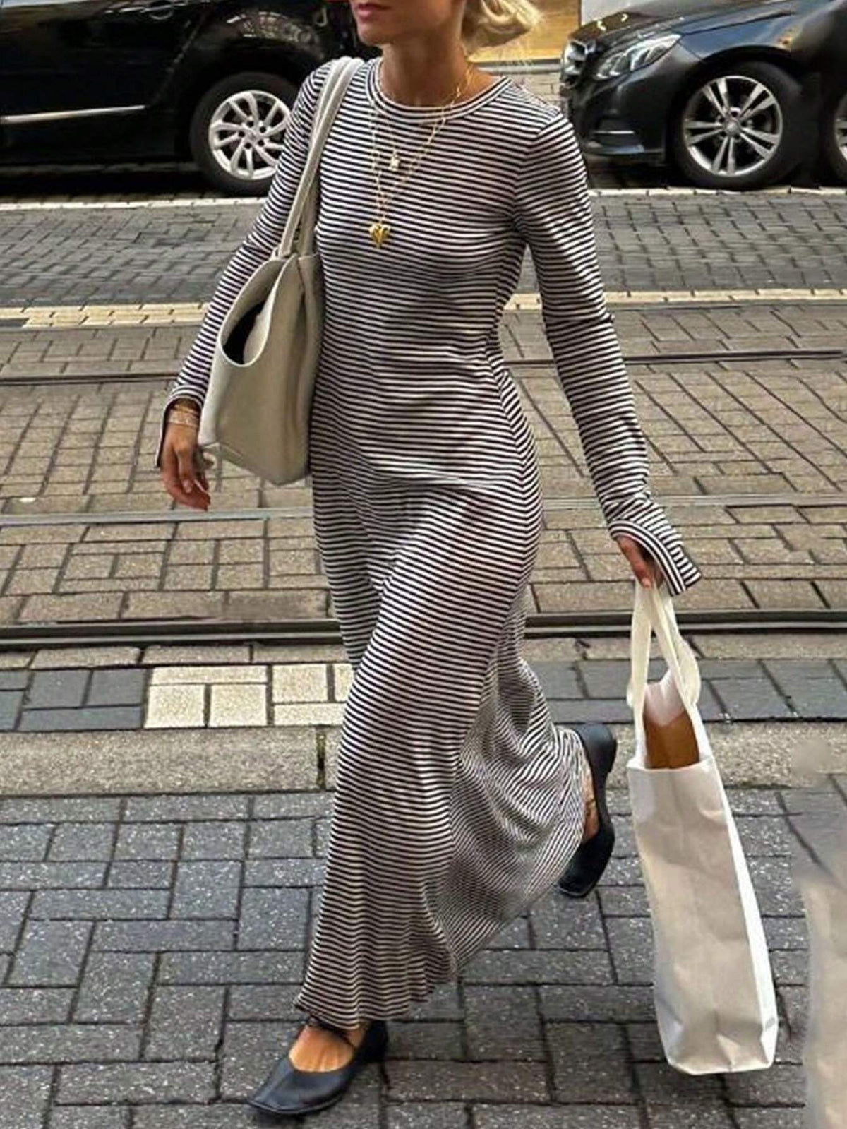 Women's Round Neck Long Sleeve Simple Striped Dress, Casual Daily Wear