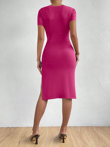 Women's Round Neck Short Sleeve Pleated Side Slit Dress