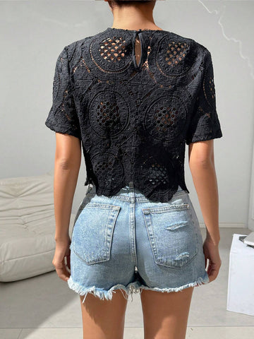 Essnce Women's Round Neck Short Sleeve Seashell Edge Hollow Out See-Through Blouse