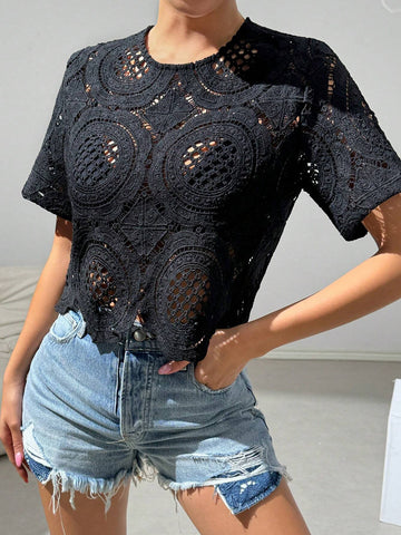 Essnce Women's Round Neck Short Sleeve Seashell Edge Hollow Out See-Through Blouse