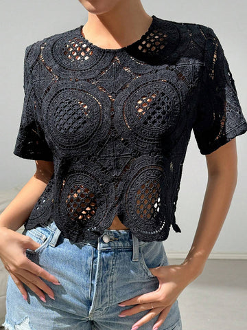 Essnce Women's Round Neck Short Sleeve Seashell Edge Hollow Out See-Through Blouse