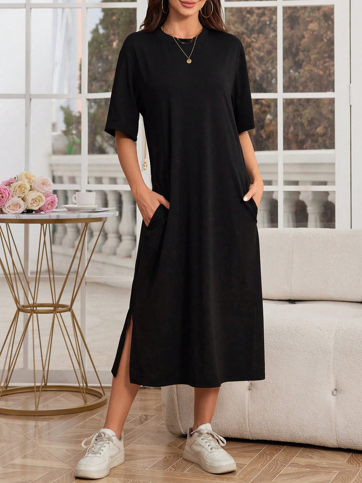 Women's Round Neck Short Sleeve Side Slit Hem Midi Dress