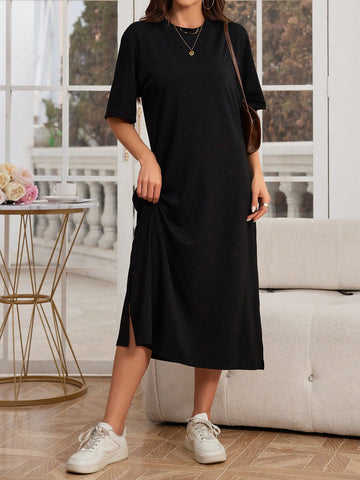 Women's Round Neck Short Sleeve Side Slit Hem Midi Dress