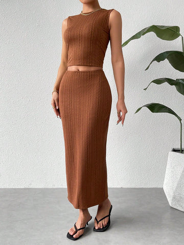 Women's Round Neck Vest & Half Skirt Set