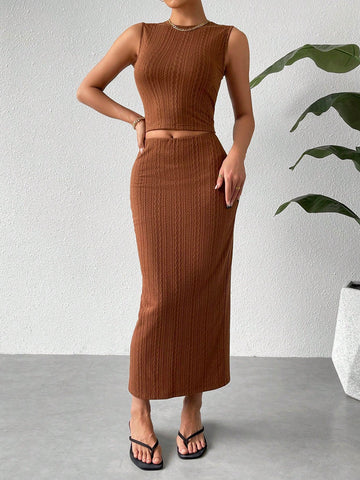 Women's Round Neck Vest & Half Skirt Set