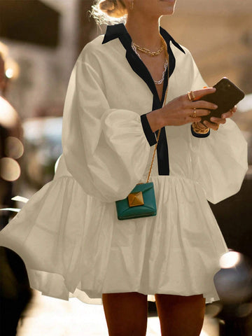 Women's Shirt Style Half-Placket Short Flower Puff Mini Dress With Pleated Detail, Long Sleeve,