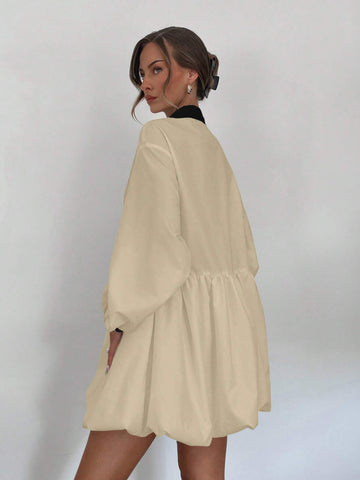 Women's Shirt Style Half-Placket Short Flower Puff Mini Dress With Pleated Detail, Long Sleeve,