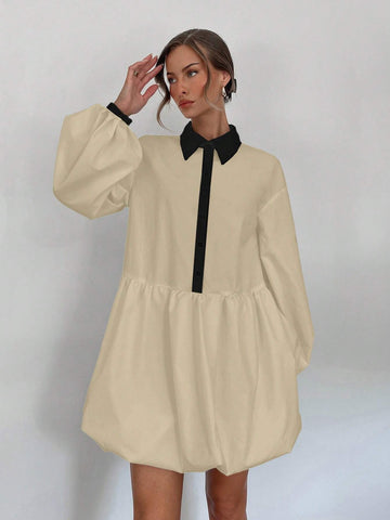 Women's Shirt Style Half-Placket Short Flower Puff Mini Dress With Pleated Detail, Long Sleeve,