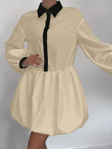 Women's Shirt Style Half-Placket Short Flower Puff Mini Dress With Pleated Detail, Long Sleeve,