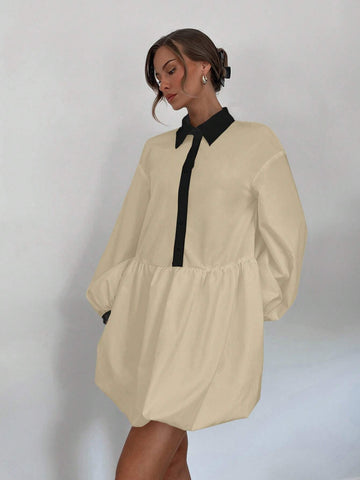 Women's Shirt Style Half-Placket Short Flower Puff Mini Dress With Pleated Detail, Long Sleeve,