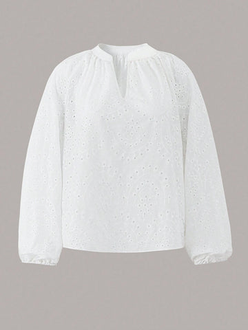 Essnce Women's Simple Hollow Out V-Neck Mesh Long Sleeve Shirt In Plain Color