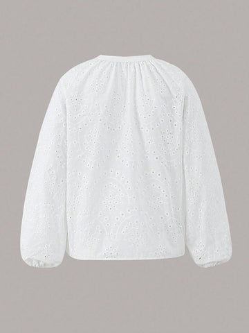 Essnce Women's Simple Hollow Out V-Neck Mesh Long Sleeve Shirt In Plain Color