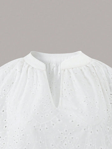 Essnce Women's Simple Hollow Out V-Neck Mesh Long Sleeve Shirt In Plain Color