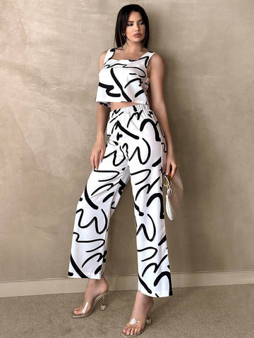 Women's Simple Printed Tank Top And Long Pants Two Piece Set