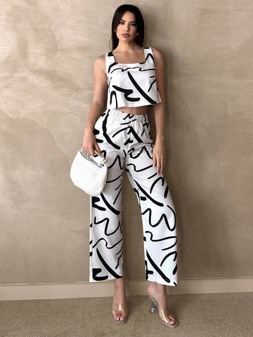Women's Simple Printed Tank Top And Long Pants Two Piece Set