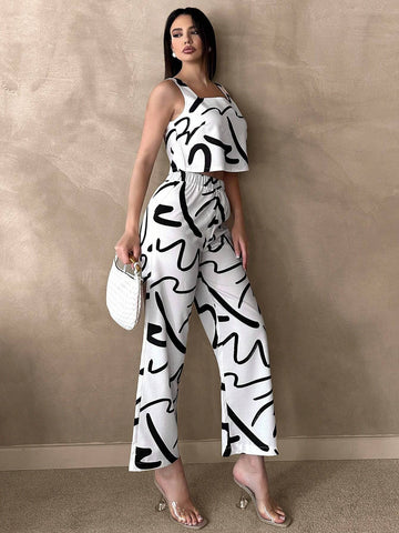 Women's Simple Printed Tank Top And Long Pants Two Piece Set