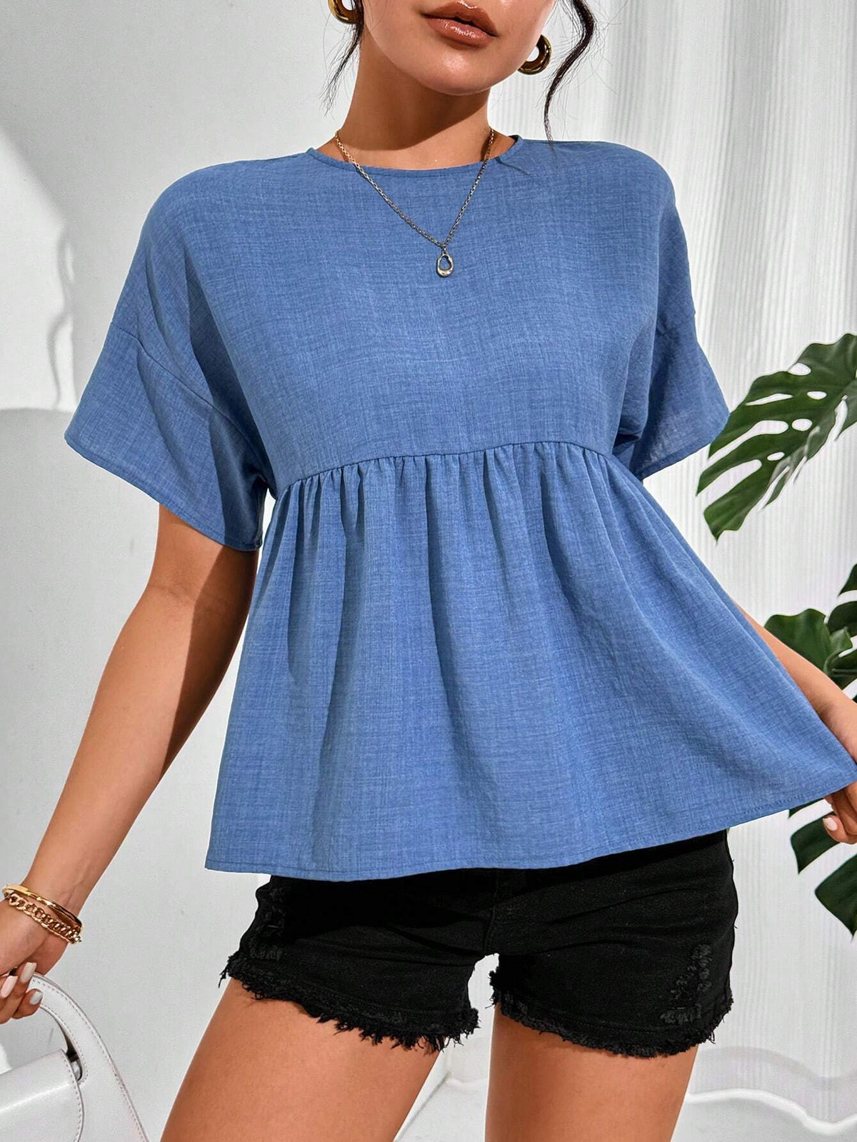 Essnce Women's Simple Solid Color Short Sleeve Shirt Summer Tops Blue Dress Crop Women Tops Linen Tops Summer Women Dresses Summer Shirts