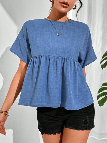 Essnce Women's Simple Solid Color Short Sleeve Shirt Summer Tops Blue Dress Crop Women Tops Linen Tops Summer Women Dresses Summer Shirts