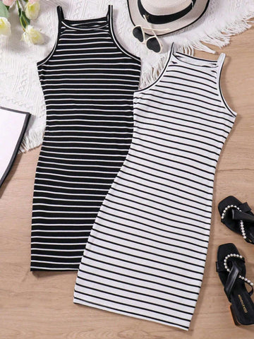 Women's Simple Striped Cami Dress For Daily Wear, Black