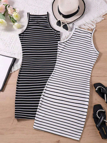 Women's Simple Striped Cami Dress For Daily Wear, Black