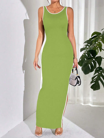 Women's Sleeveless Asymmetrical Hem Dress With Side Split And Binding Edge