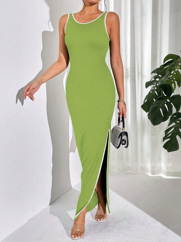 Women's Sleeveless Asymmetrical Hem Dress With Side Split And Binding Edge