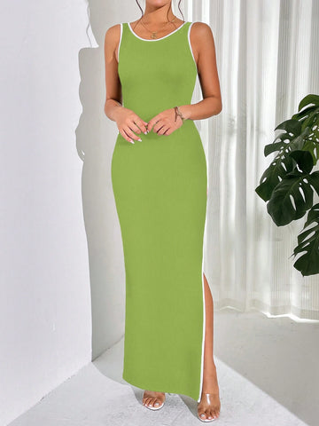 Women's Sleeveless Asymmetrical Hem Dress With Side Split And Binding Edge