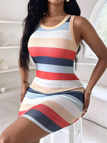 Women's Sleeveless Round Neck Striped Short Dress With Trim Detail