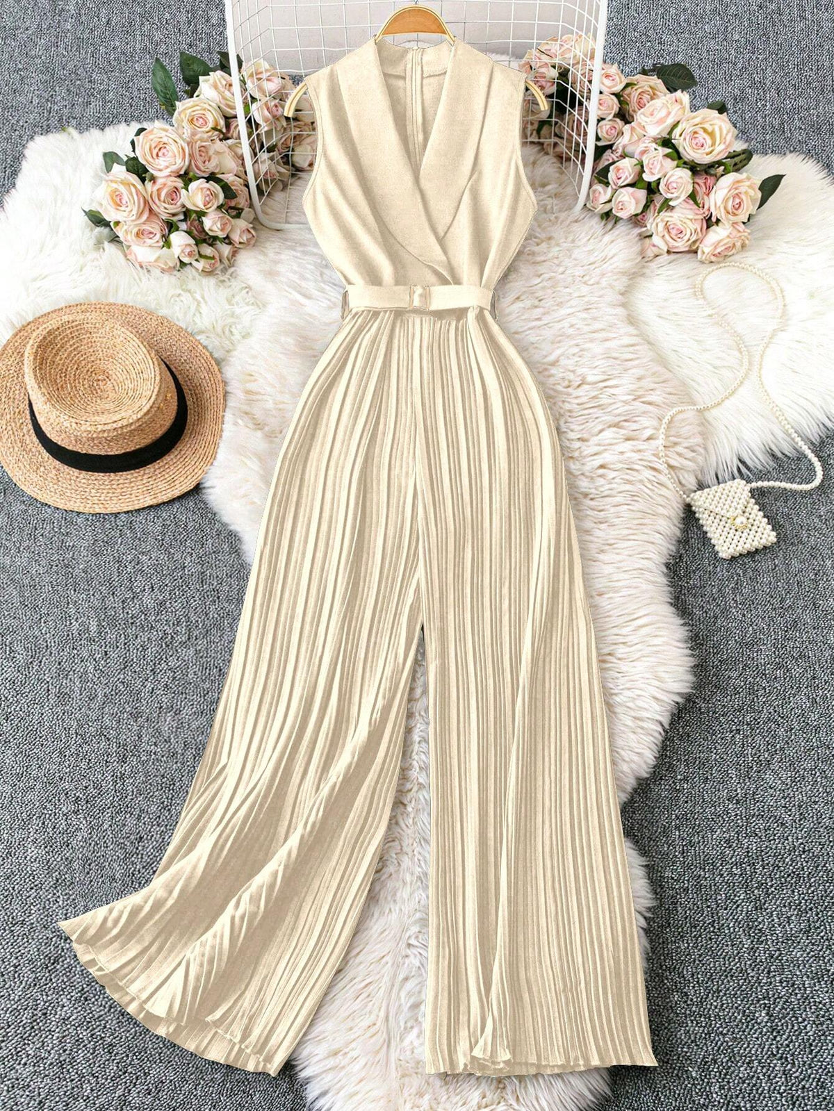 Sleeveless Collared Waist Belt Pleated Jumpsuit With Straight Leg Pants, Black