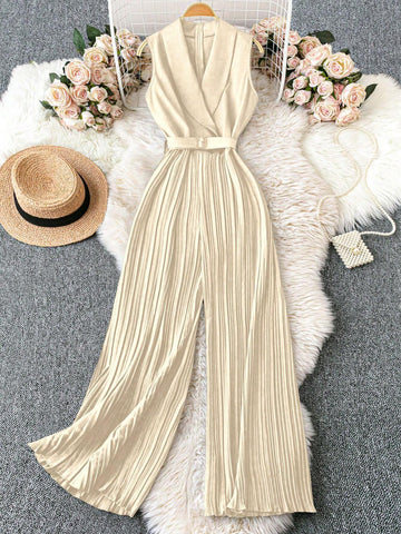 Sleeveless Collared Waist Belt Pleated Jumpsuit With Straight Leg Pants, Black