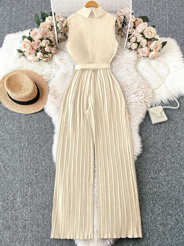 Sleeveless Collared Waist Belt Pleated Jumpsuit With Straight Leg Pants, Black