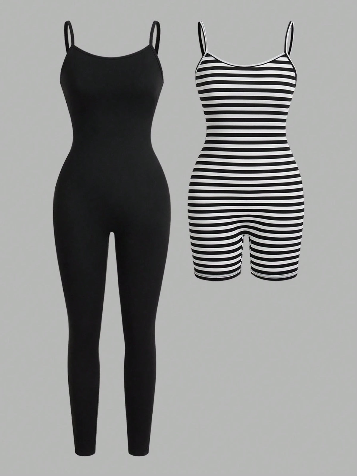 Women's Solid Camisole Jumpsuit And Striped Camisole Jumpsuit Short Set, 2pcs Casual Outfit